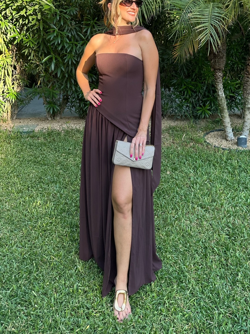 Strapless High-Low Evening Dress in Chocolate Brown with Attached Neck Scarf